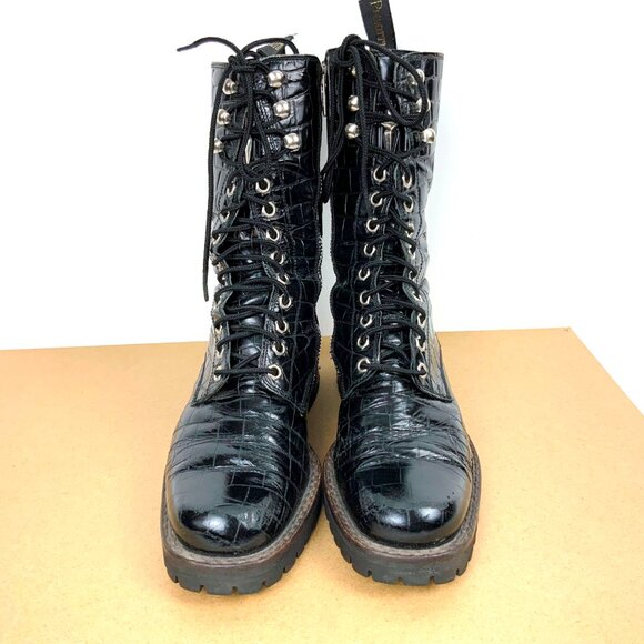 Cesare Paciotti Y2K Black Leather Embossed Croc Lace Up Combat Boots Sz 7 - Picture 2 of 16